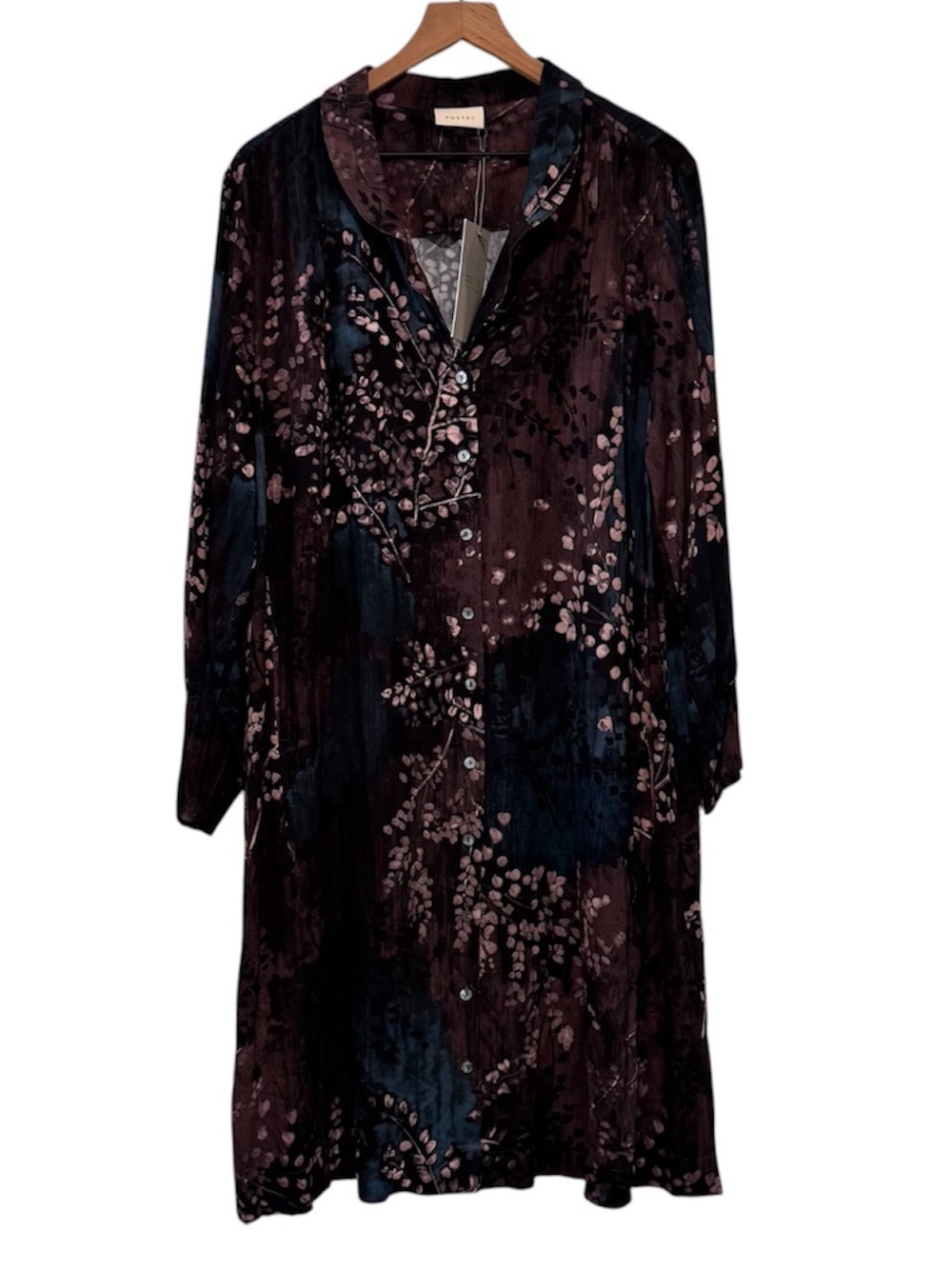 POETRY Linen Blend Brown Pink Long Sleeve Button Front Midi Dress